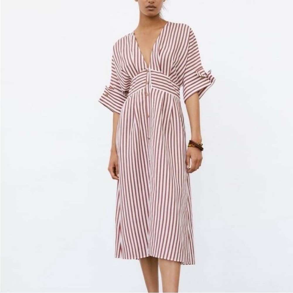 Zara STRIPED SHIRT DRESS S Pink/White_Linen Blend_Size S